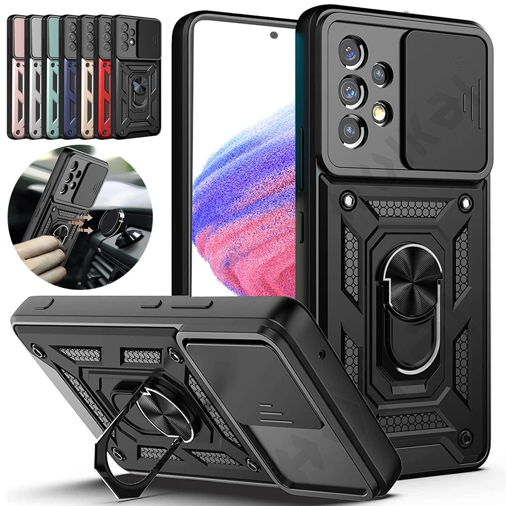 

HUIKAI Camera Case For Samsung A53 A73 A33 Kickstand Ring Slide Phone Cover For Galaxy S22 S21 S20 Note 20 Plus Ultra A32 A52