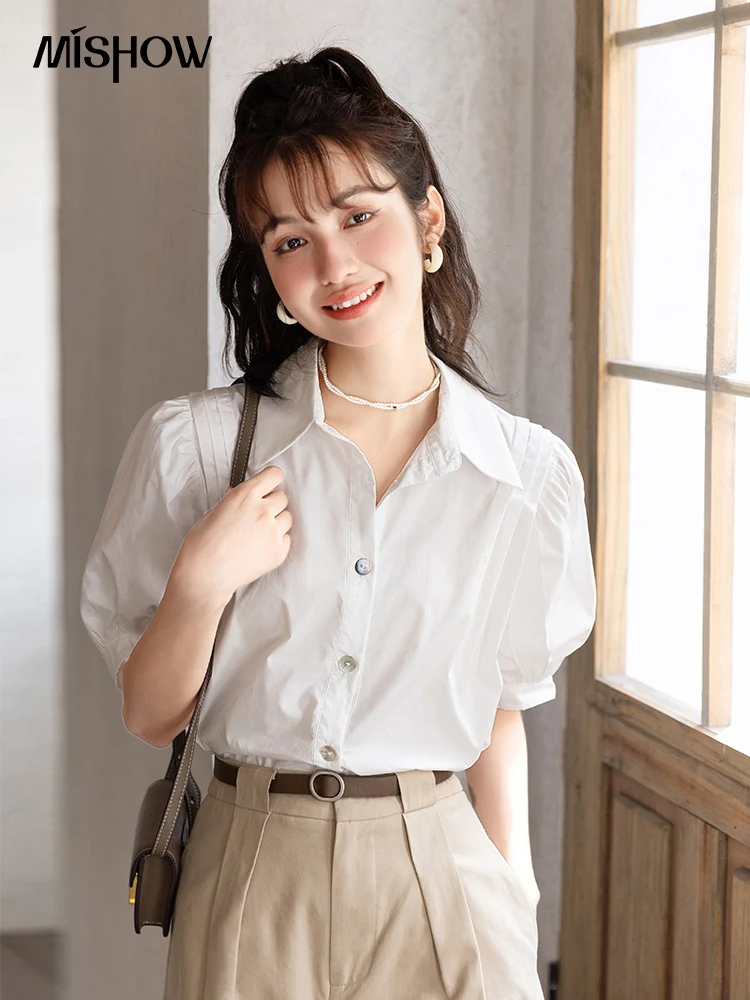 Рубашка-поло женская однобортная с коротким рукавом и воротником-фонариком