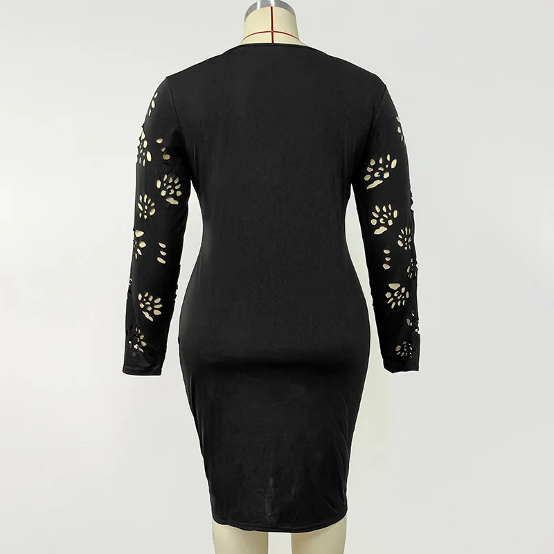Plus Size Dress for Women 4xl Long Sleeve Dresses Sexy Lace Cutout Solid V-Neck Hollow Out Slim Fit Knee-Length Evening Dresses