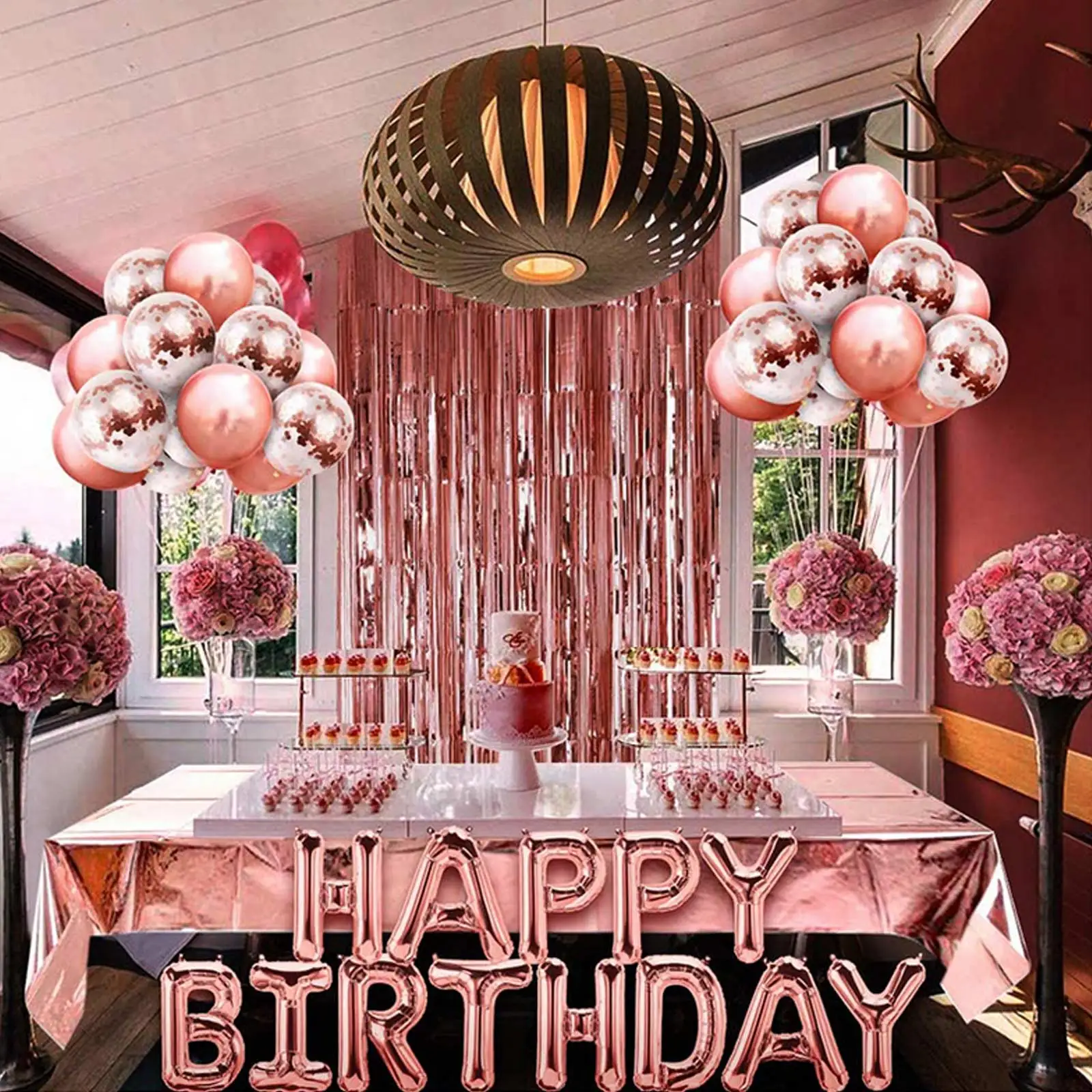 

Rose Gold Birthday Party Decorations Kit Including Latex Foil Balloons Window Curtain Tablecloth Confetti birthday decoration