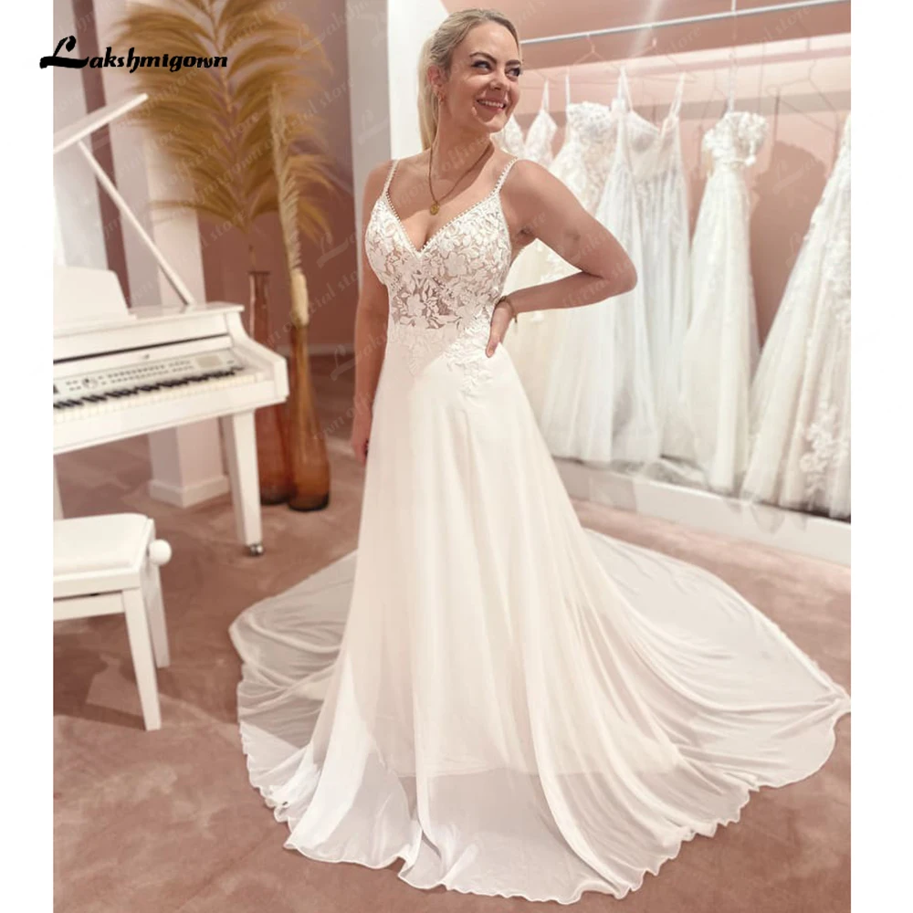 

Lakshmigown Spaghetti Straps Chiffon A-Line Boho Wedding Dress 2023 V Neck Off White Beach Bridal Gowns vestidos para mujer