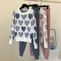 fashion women sweater 2 piece sets chic knit embroidery bead heartshape pullovers top spring harem pants sport tracksuits suit