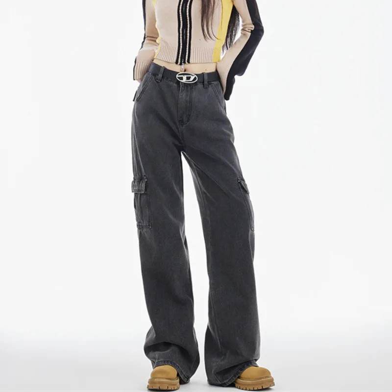 # Серые удлиненные джинсы 2011 женские свободные прямые боковые карманы уличная