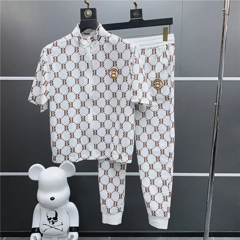 

Suit Men 's Trendy Brand Letter Printing Summer Casual Sports Suit Trendy Plus Size Loose Full Set Men 's Clothing 2 piece set