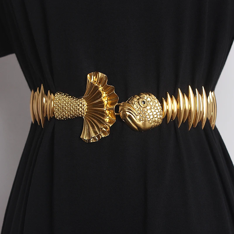 2022 Original Design Gold Metal Alloy Fish Shape Waist belt Women Irregular Fish Elastic Waistband Dress Shirt Corset Belt Strap