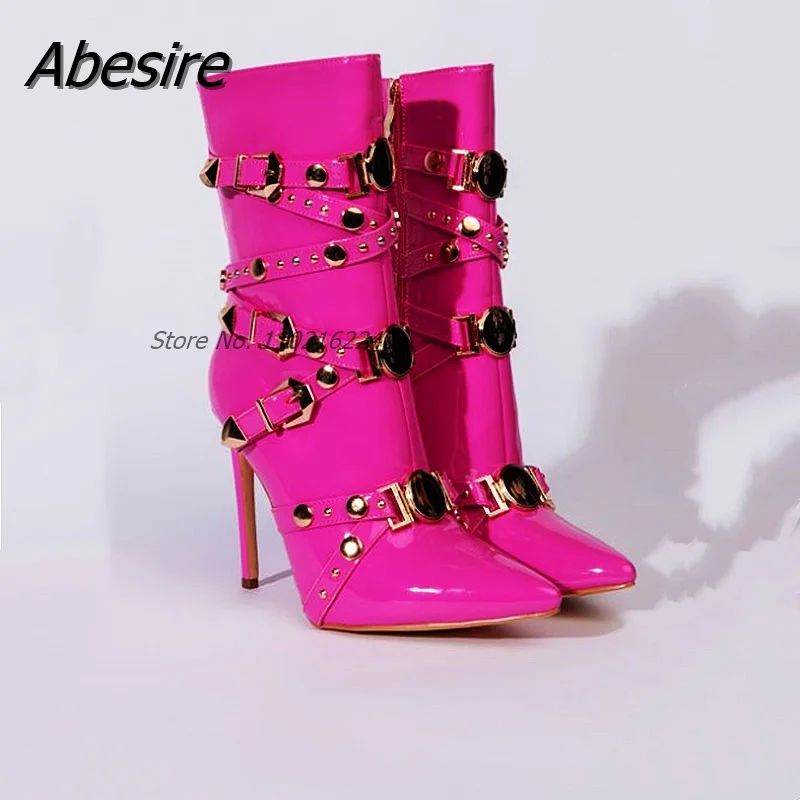 

Red Stiletto Studded Women'S Boots Metal Decorated Pointed Toe Mid-Calf Chelsea Boots New Fashion Sexy Nightclub High Heel Boot