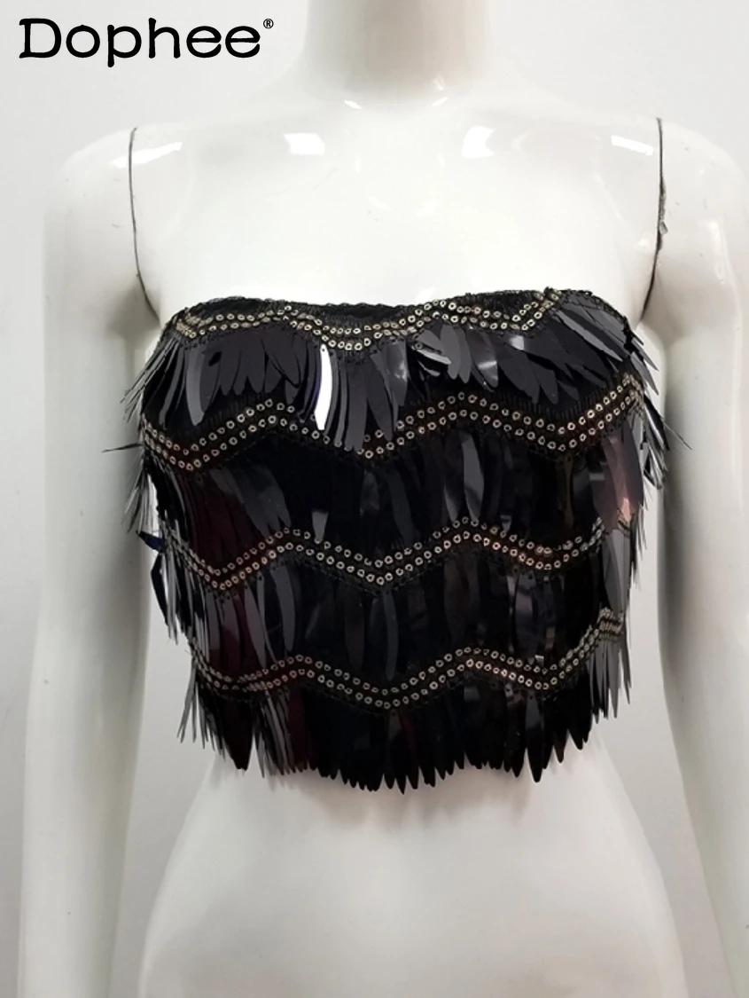 

Heavy Embroidery Sequins Tube Top Vest Outer Wear Top Women Sexy Sleeveless Sequin Tank Top Sexy All-Matching Camisole Nightclub
