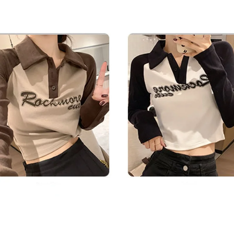 

Женская футболка с длинным рукавом и отложным воротником, в американском стиле