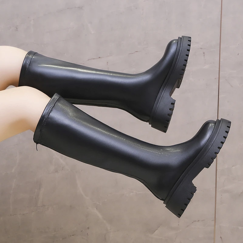

Women Ankle Boots Ladies Shoes Slip On Mid Calf Boots Platform Soft PU Leather Long Boot Footwear Woman Fashion