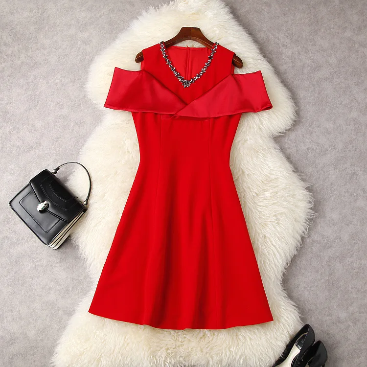 European and American women's wear spring 2022 new  Off-the-shoulder drill V collar red  Fashionable slim dress