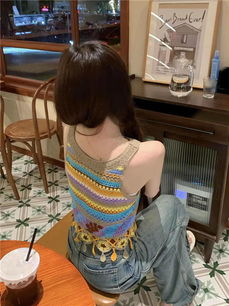 

GP3457 Hollow out Colorful Tassel Tank Top for Women's Summer New Korean Design Sense Slim Fit Short Sleeveless Top