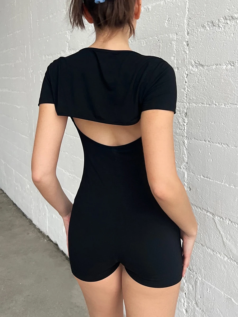 

Women Solid Color Playsuits Sleeveless Spaghetti Strap Sling Backless Skinny Short Jumpsuits Rompers with Short Sleeve Shrugs