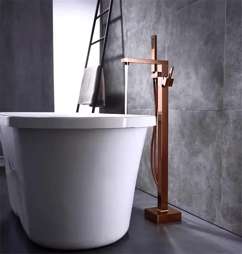 Матовый черный напольный смеситель для ванной комнаты цвета розового золота