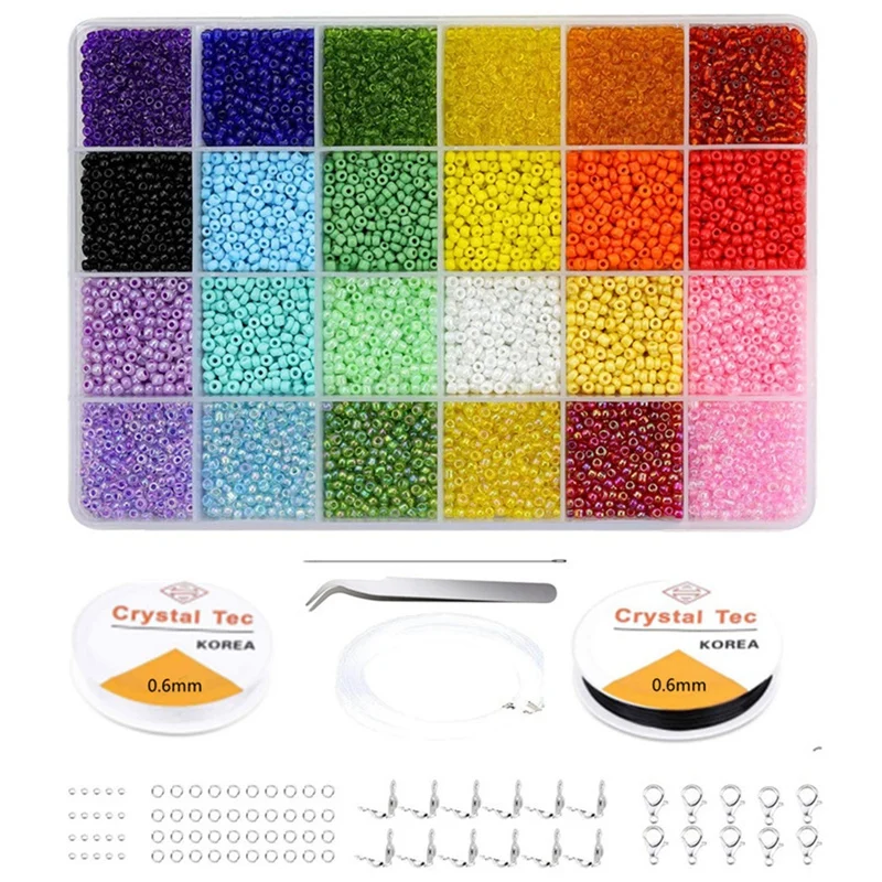 

12000 Pcs 3mm Glass Seed Beads with Jump Rings Lobster Clasp Crimp Beads 2 Roll Elastic String (24 Colors, 3mm)