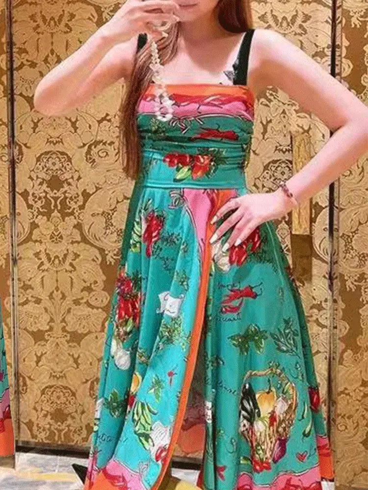 

Coigarsam Print Women 2023 New Fashion Spaghetti Strap Sleeveless Midi Chic Elegant High Waisted Vintage Dress