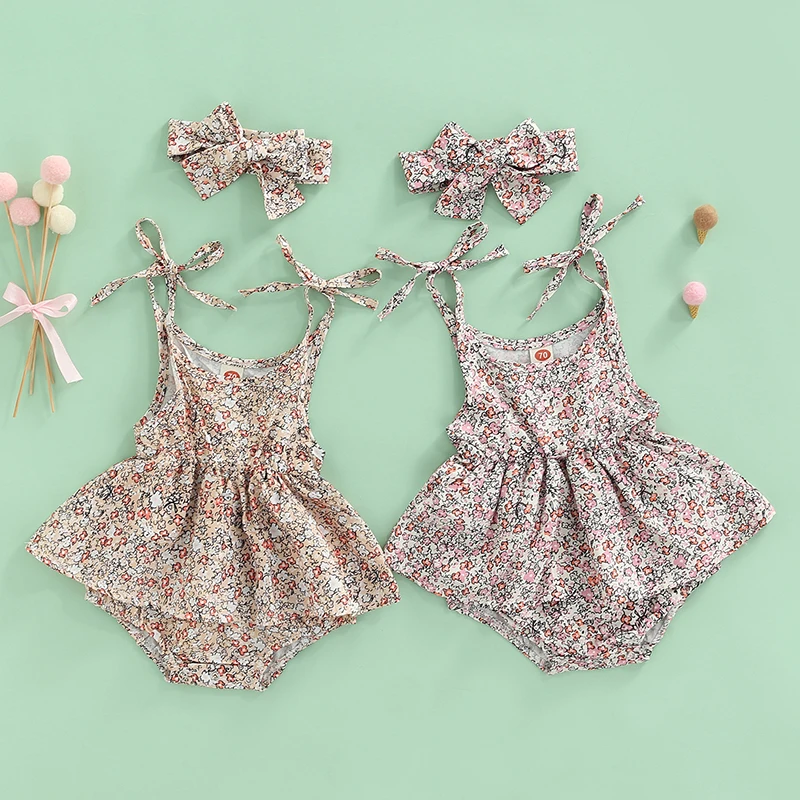 

Платье без рукавов с цветочным принтом для маленьких девочек, платье на бретельках с завязкой на плечах, стиль Ромпер Для слинга + повязка на...