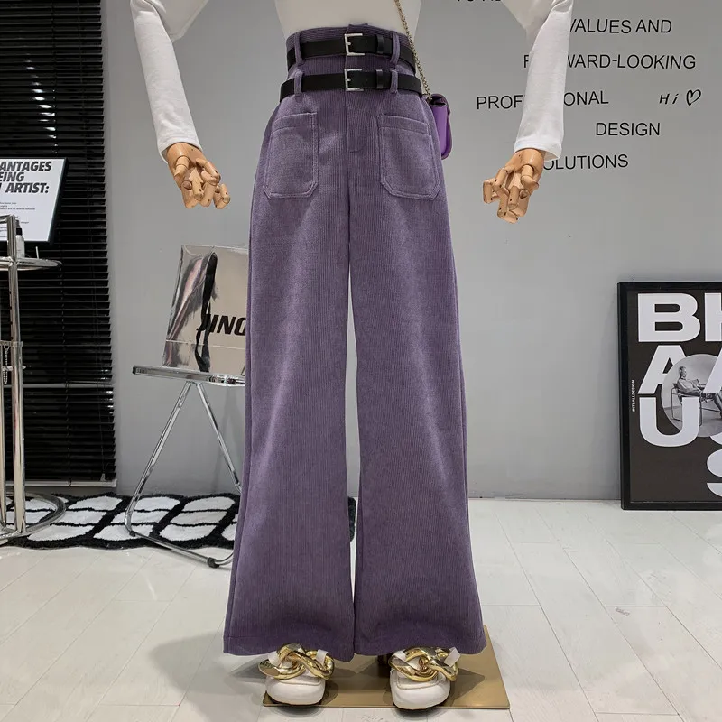 

New in Women's Clothing 2022 Autumn Winter corduroy Simple design high waist Double belt Versatile wide leg Casual pants