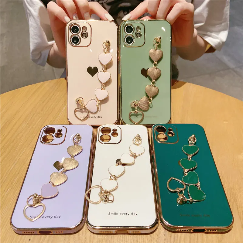 

Electroplated Love Heart Phone Case For iPhone 11 12 13 14 Pro Max XS Max XR 7 Plus 14 Shockproof Wrist Strap Chain Back Cover