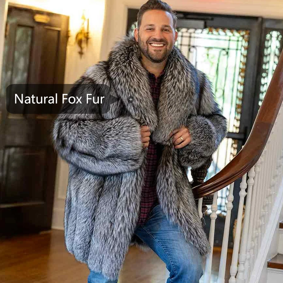 Мужские зимние куртки мужское пальто из серебристого лисьего меха натурального