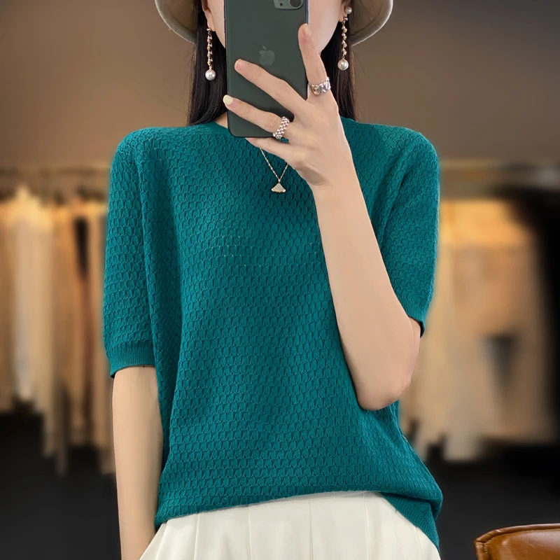 

High Crotch Combed Cotton Knitted Hollow Short-Sleeved Women's Fashionable Round Neck Pullover Sweater T-Shirt European Version