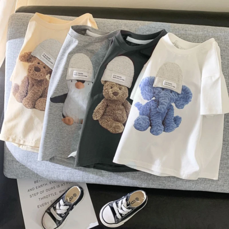 

Children's T-shirt Boys and Girls Summer Fashion Dog Elephant Penguin Bear Print Short-sleeved Cotton T-shirt Children's Top