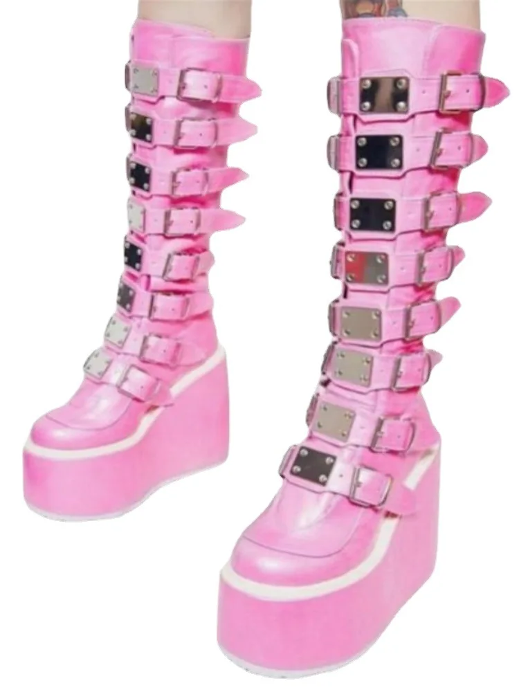 

Женские мотоциклетные ботинки на массивной платформе, розовые ботинки на танкетке, большой размер 43, для зимы, 2022