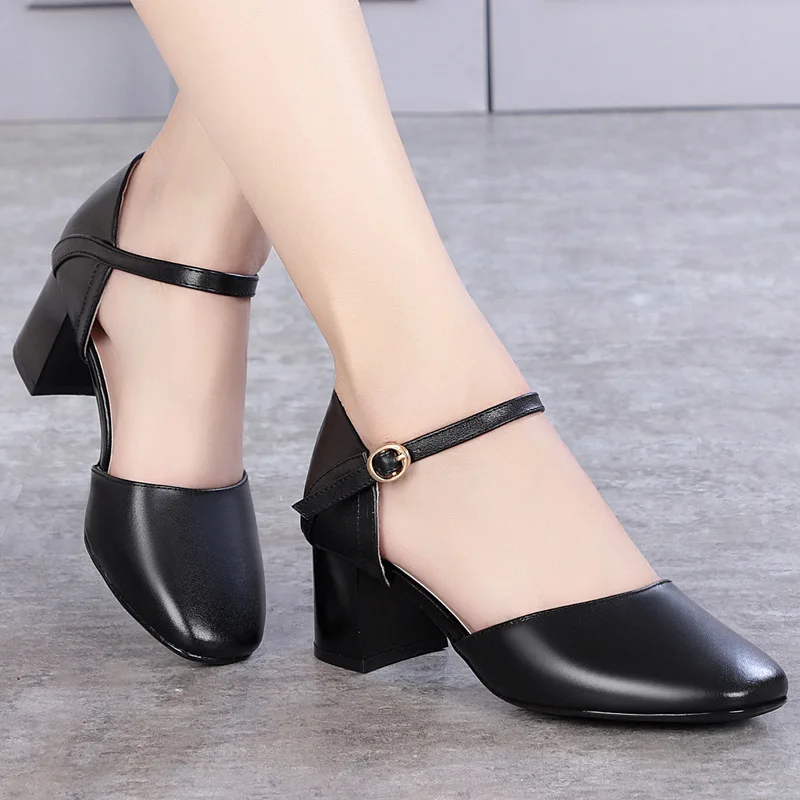 

Cowhide High Heels Pumps Women Shoes 2022 Summer Shoes Women Fashion Buckle Strap Square Heel Sandals High Quality Women Shoes