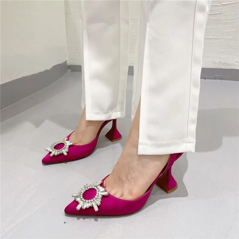 2023 New Ladies High Heels Pointed Toe Sun Rhinestone Buckle Sandals Fashionable Stiletto Silk Women's Shoes