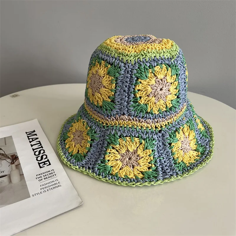 

Handmade Straw Basin Hat Sun Protection Foldable Sun Outdoor Travel Bucket Hat Flowers Fisherman Hat Street