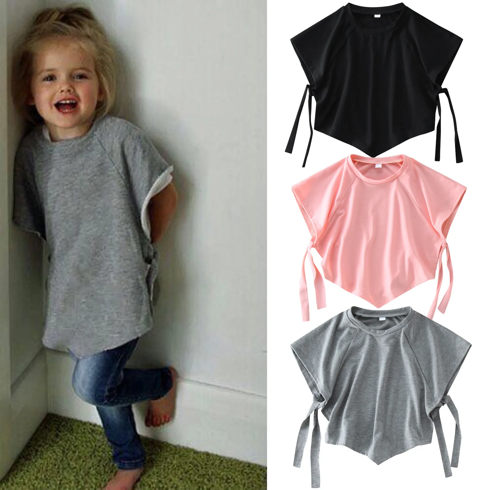 

1-5Y Toddler Kids Baby Girls Tops 2022 Summer Solid Short Sleeve Strap T-Shirt Tops Irregular Blouse Outfits Girls Clothes