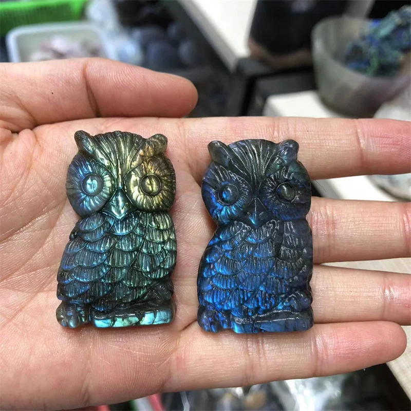 

Labradorite Owl Natural Stones Quartz Crystal Carved Animals Healing Reiki Gemstones Crafts Home Decoration