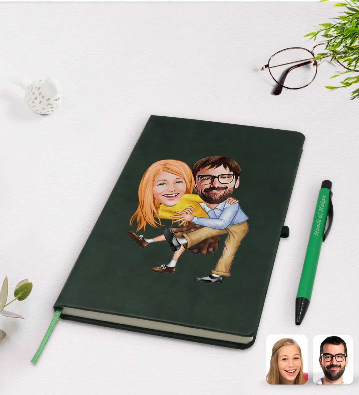 

Personalized valentine cartoon green thermo leather notebook pen set Model 102