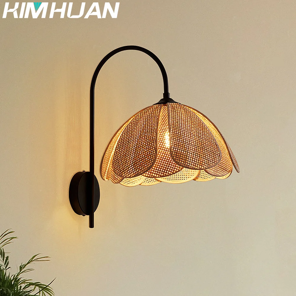 Винтажное черное настенное бра для гостиной из ротанга в стиле бохо жесткая