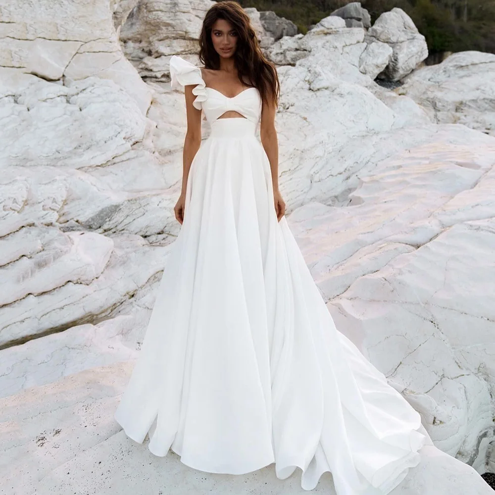 

White Satin Wedding Dresses 2023 A Line Beach Bridal Dress Vintage Sexy Wedding Gowns Cheap Vestidos de Noiva Pleated Custom