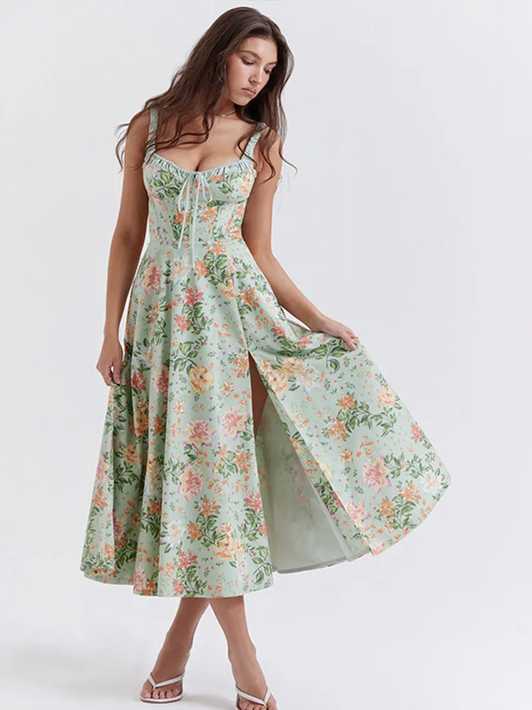 

Женское элегантное платье миди на шнуровке с цветочным принтом, модные платья без рукавов с разрезом и открытой спиной, летние праздничные платья 2023