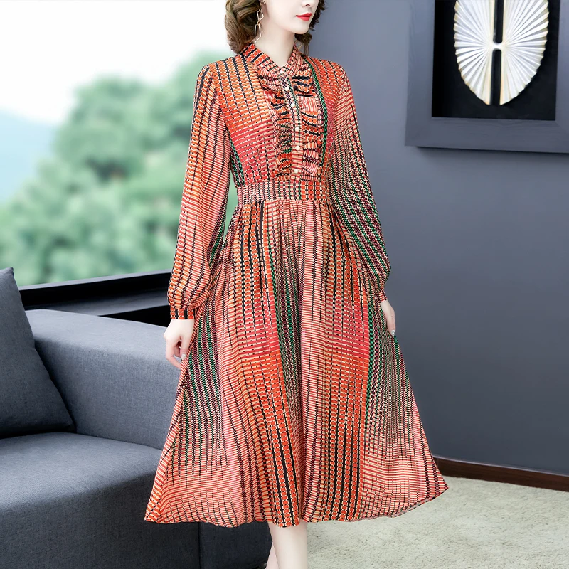 

Spring Autumn Woman Chiffon Rayon Mid-calf Vintage Dress Ruffles Button Striped Print Stand Collar New Fashion Long Sleeves Dres