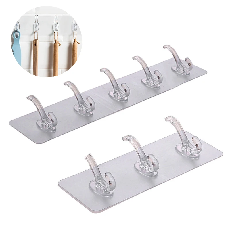 

3/5 Rows Adhesive Sticker Wall Hooks Home Decor Wall Hanging Hanger Sticker Hook