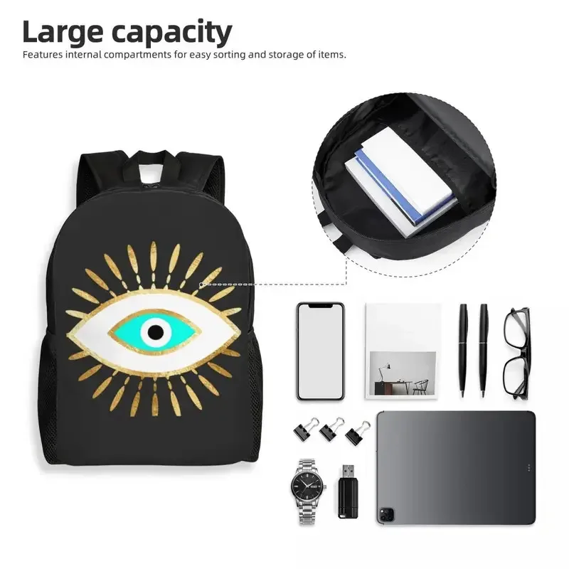 Фото Рюкзаки с принтом Hamsa Evil Eye из золотой фольги для женщин и мужчин, водонепроницаемые школьные и студенческие сумки-амулеты с принтом Назар, сумки для книг 54345 №4