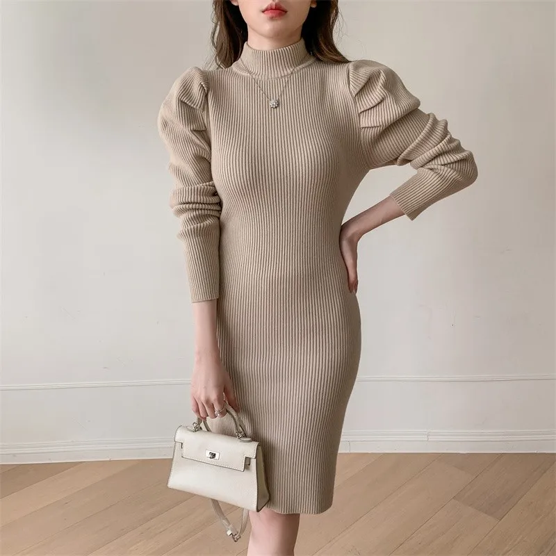 

Korea Chic For Women Fashion Puff Long Sleeve Sweaters Bodycon Dresses Vintage Turtleneck Knit Slim Party Mini Dress Vestidos