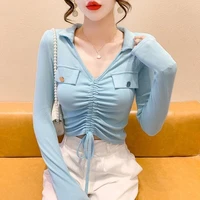 womens v neck drawstring top high elastic long sleeve bottoming shirt spring and autumn coat sexy slim fit korean fashion y2k