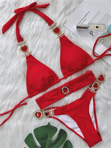 Sexy Rhinestones Bikini 2023 Mujer Women Solid Red Glitter Diamond Thong Swimwear Metal Chain Bathing Suit Band 3 Piece Swimsuit
