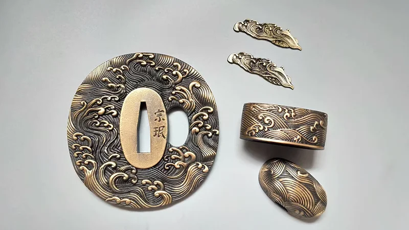 Фото Полный винтажный медный латунный набор аксессуаров Tsuka Tsuba Fushi Kashira Menuki для японского самурая Катана Меч №3