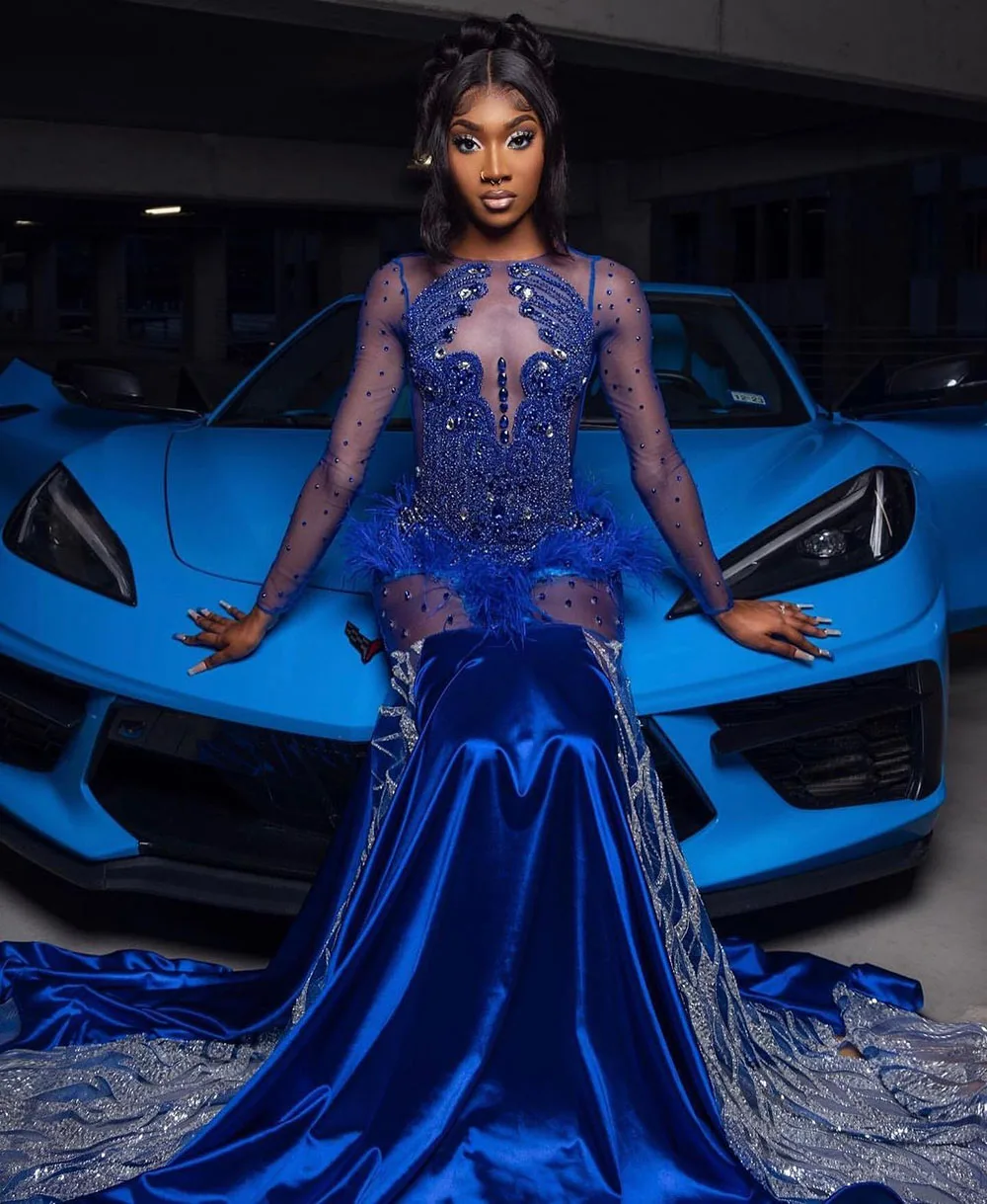 

Royal Blue Mermaid Evening Dress Beads With Sequins Crystal Sexy Prom Gala Gowns African Women Occasion Night Party Gowns