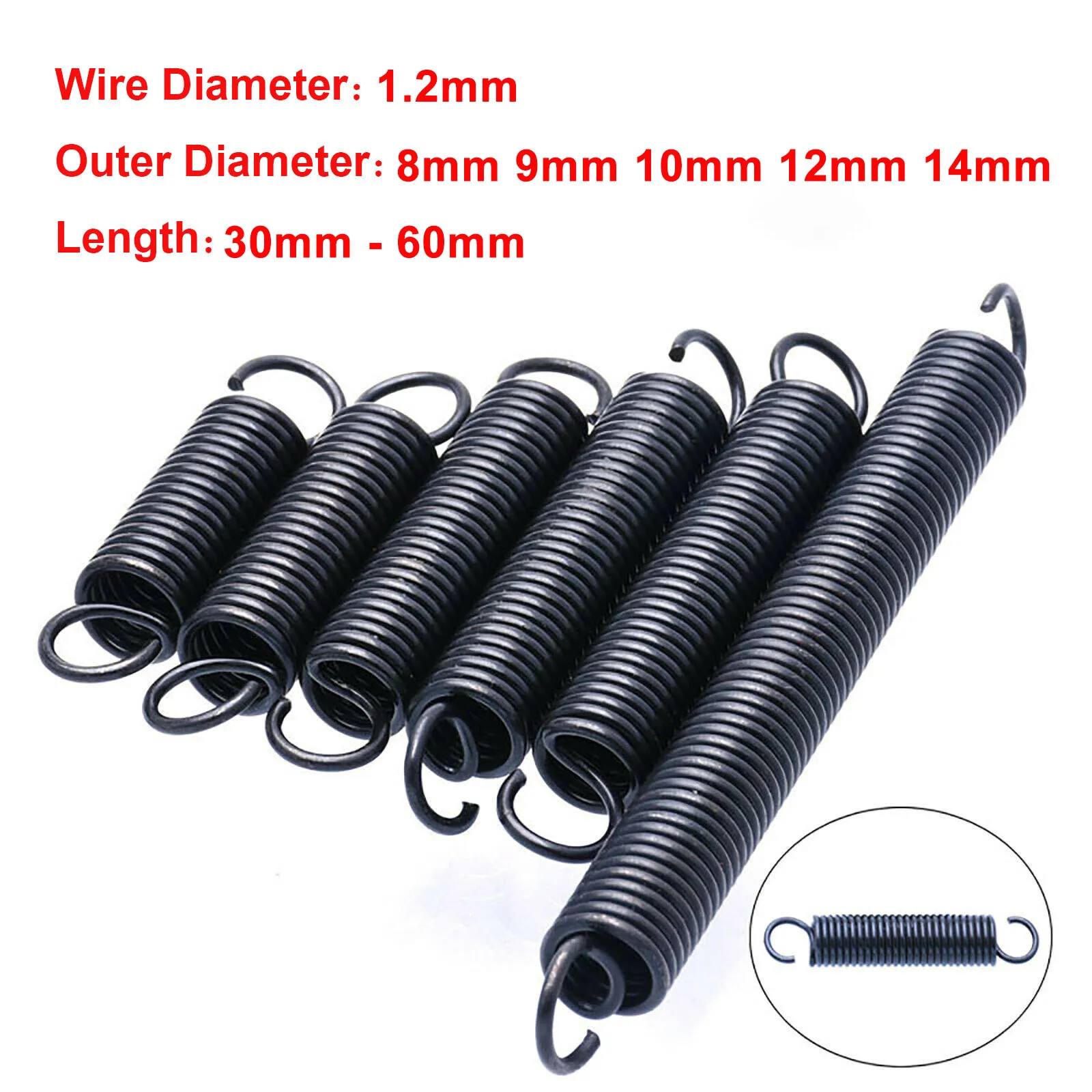 

5PCS Open Hook Tension Spring Wire Diameter 1.2mm Pullback Spring Coil Extension Spring Draught Spring OD 8/9/10/12mm