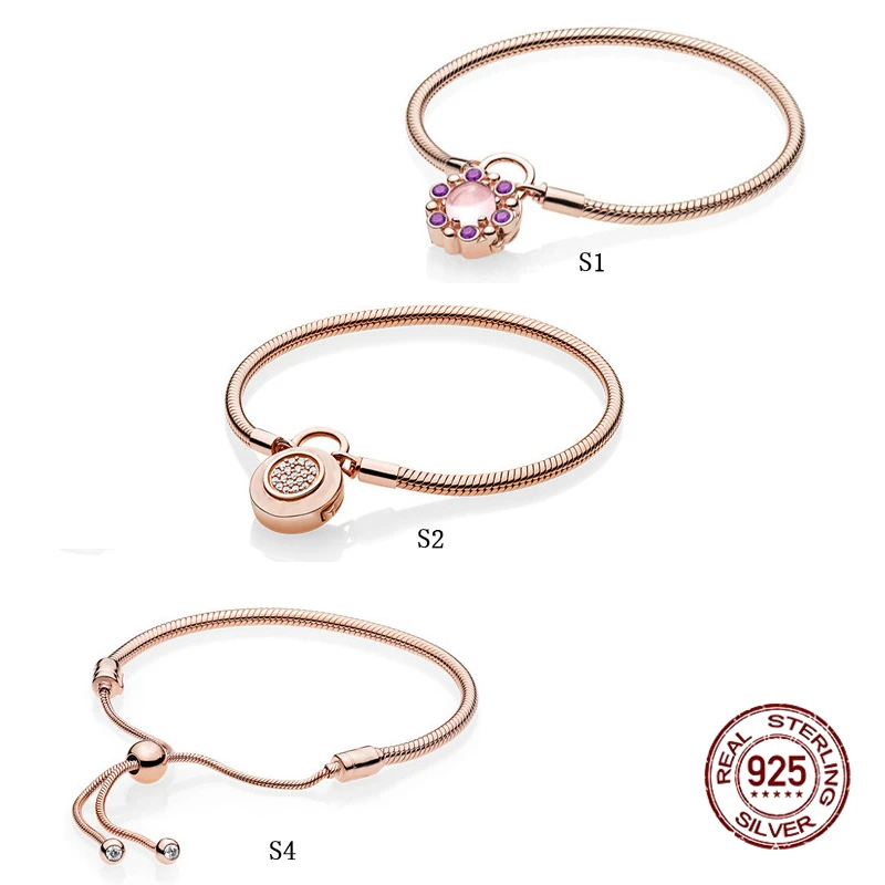 

925 Sterling Silver Fit Original Pandora Charms Rose gold Bracelet Simple Snake Bone Chain Bracelet Hanging Beads for Women