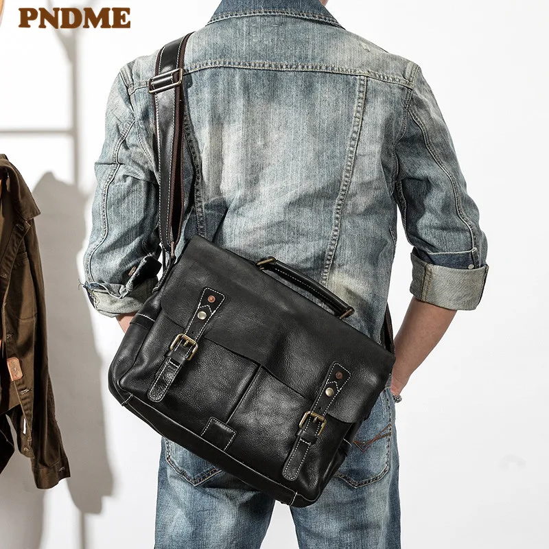 Fashion casual luxury genuine leather men's messenger bag business travel designer high quality real cowhide work black handbag