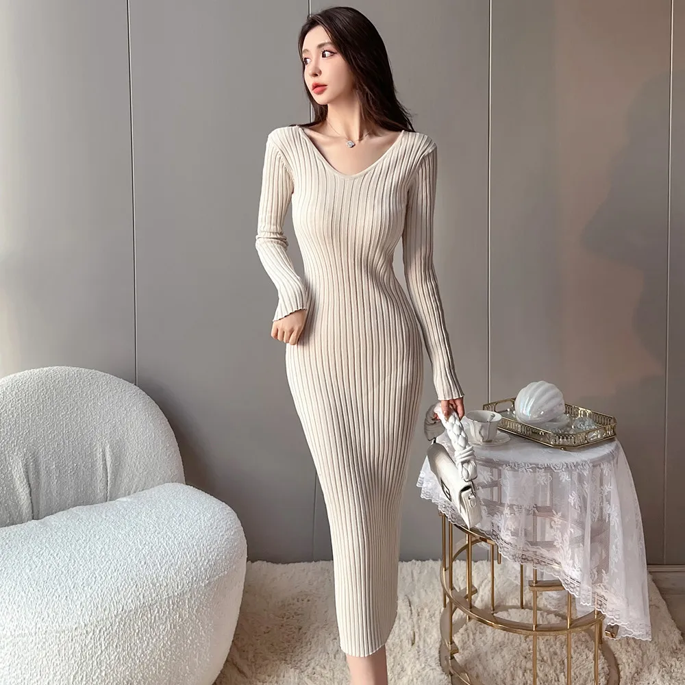 

High Strecth Korean Fashion Elegant Women Dress Knitting Sheath Pullover Vintage Dress Mini A-line Office Lady Women Dresses