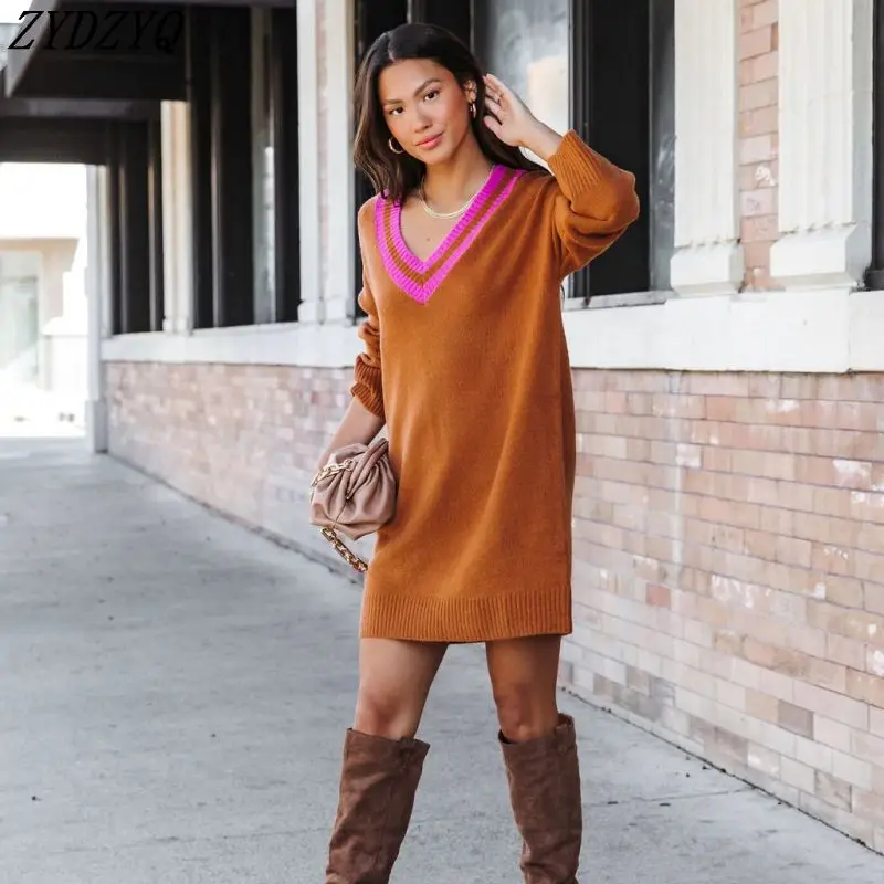 

ZYDZYQ Sexy Dress Winter Fashion V-neck Knitted Party Dresses for Women Y2k Clothes Lounge Vacation Outfits Streetwear Wholesale