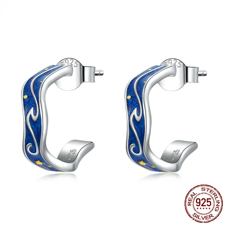 

Silver Sear of Stars Earrings Authentic 925 Sterling silver Blue Enamel Earring Gift for Girl Fasion Jewelry SCE1029