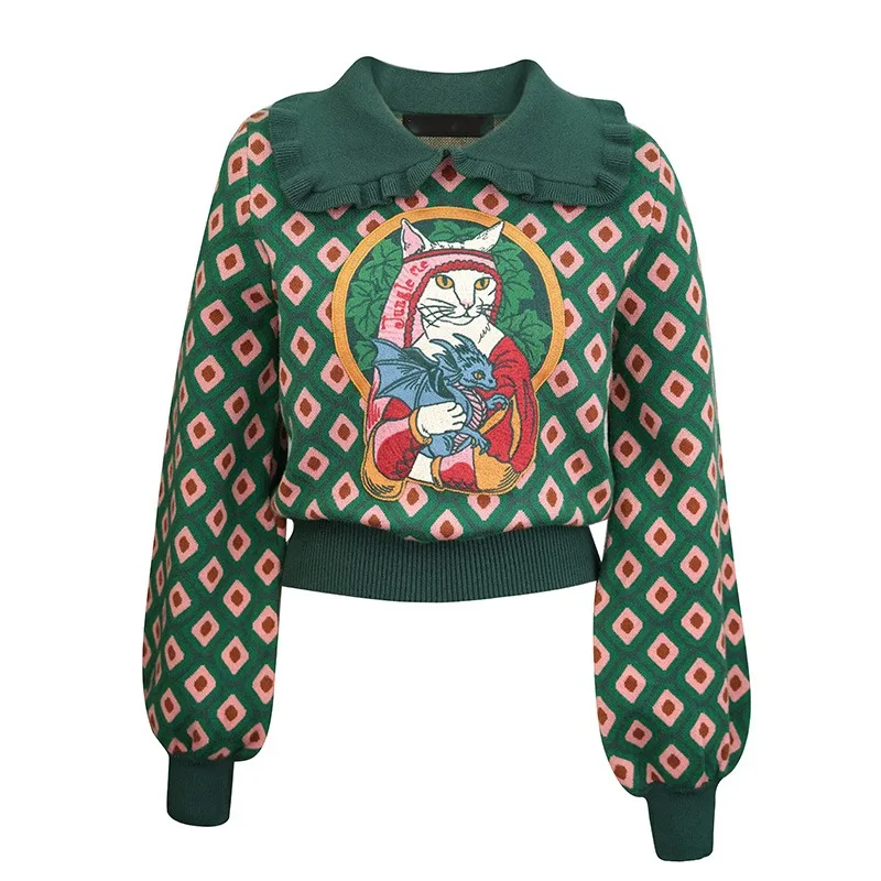 

Women Sweet Ruffled Peter Pan Collar Green Plaid Sweaters King Cat Aesthetic Embroidery Knitwear Pullover Warm Winter Clothes